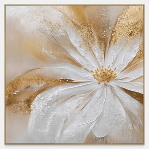 Grace in Bloom, a square floral painting with broad white petals radiating from an off-center golden heart across warm beige layers.