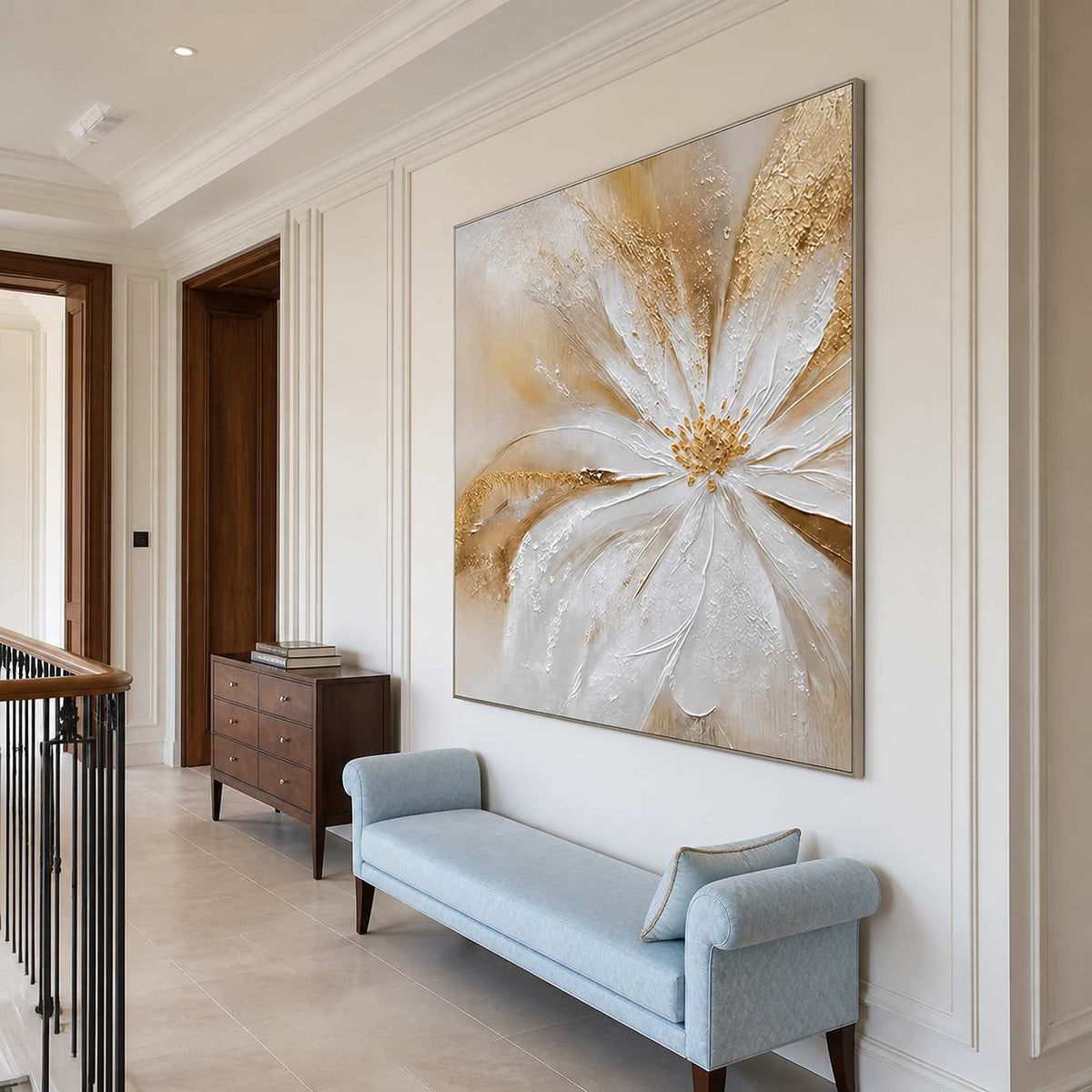 Grace in Bloom in a silver frame above a pale blue bench on an airy stair landing.