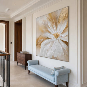 Grace in Bloom in a silver frame above a pale blue bench on an airy stair landing.