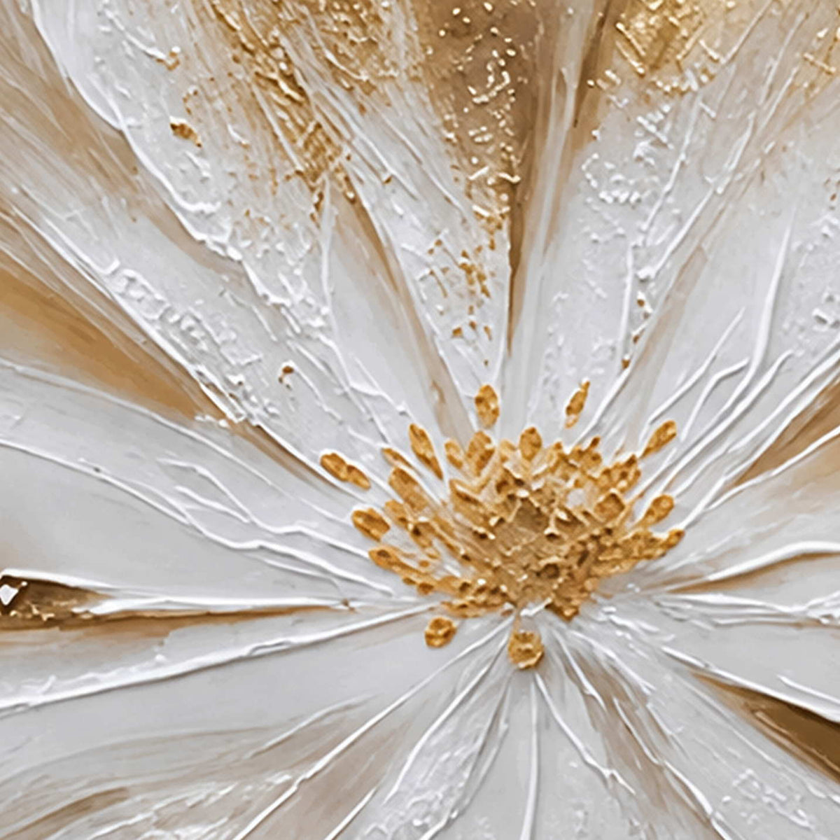 Close-up of fine raised white petal ridges and the textured golden flower center in Grace in Bloom.