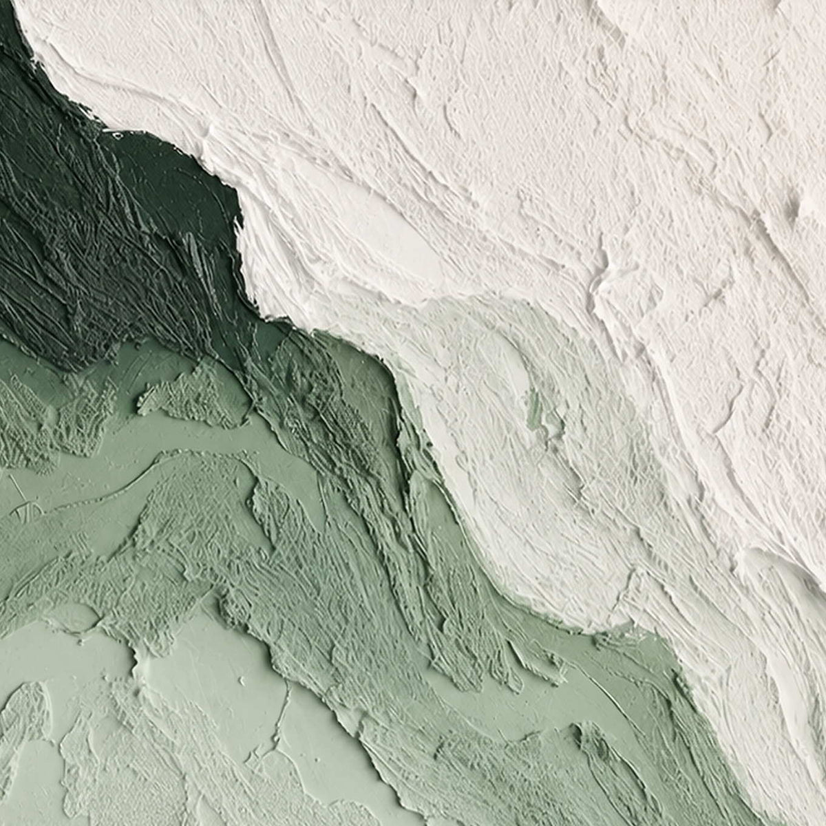 Close-up of raised hand-painted texture in green, white, and neutral.