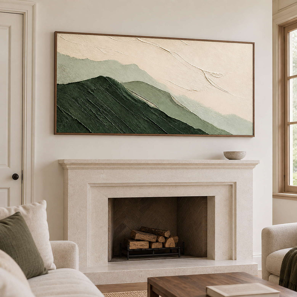 Layered dark and pale green mountains beneath an ivory sky in a brown wood frame, displayed above a fireplace.
