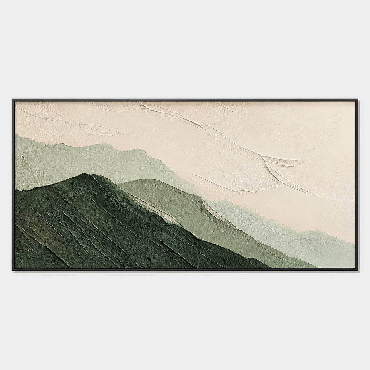 Green Mountains in Mist: layered dark and pale green mountains beneath an ivory sky, shown in a full artwork view.