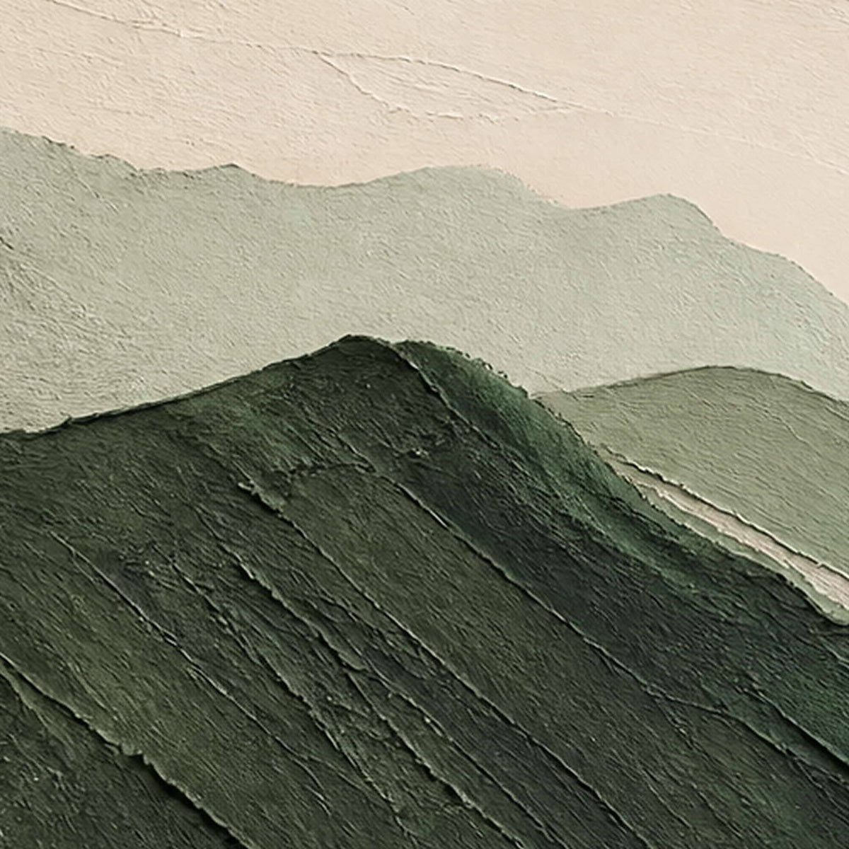 Detail of Green Mountains in Mist, showing the green ridges and textured ivory sky.