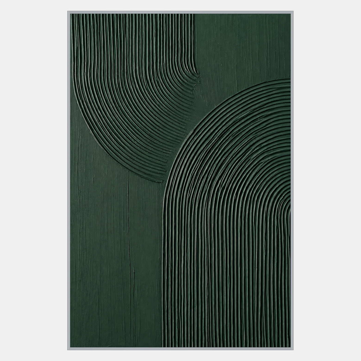 Tall dark green abstract with two fields of curved parallel ridges separated by smoother areas.