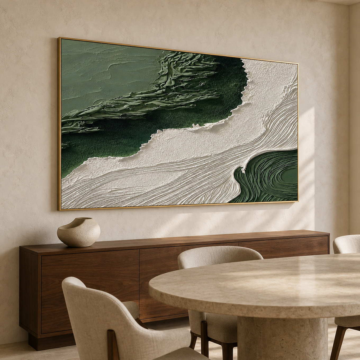 Textured Abstract Wall Art displayed in a refined dining room.