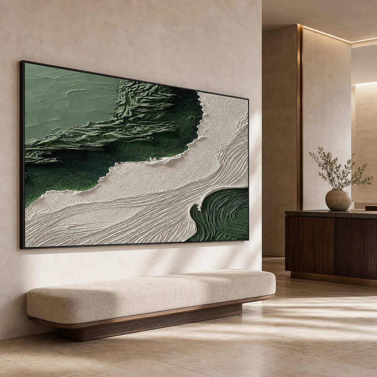 Textured Abstract Wall Art displayed in a refined hospitality lounge.
