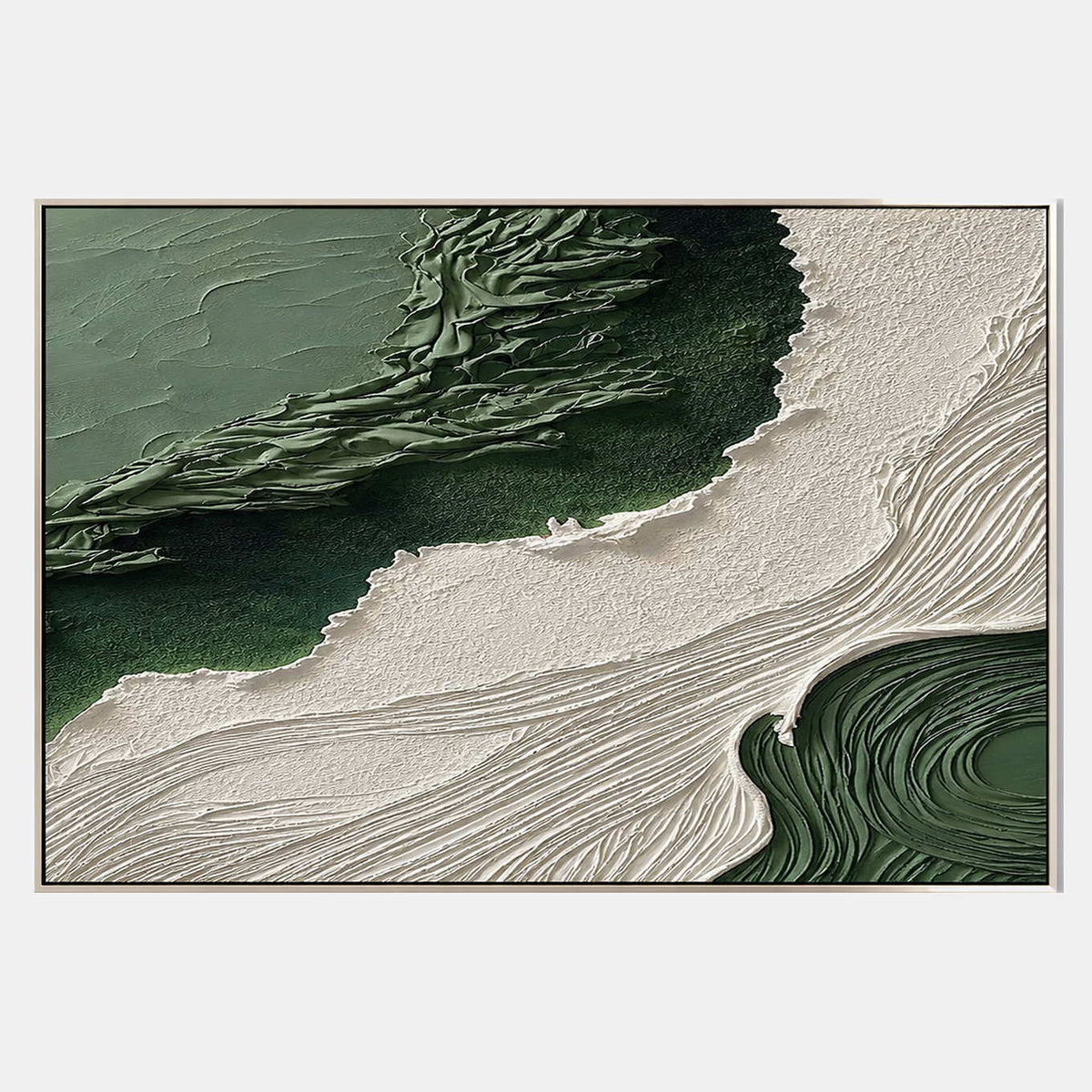 Hand-painted textured abstract wall art with green, white, and neutral tones.