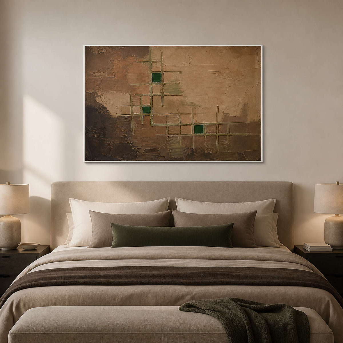 Brown and green textured canvas in a white frame above a bed.
