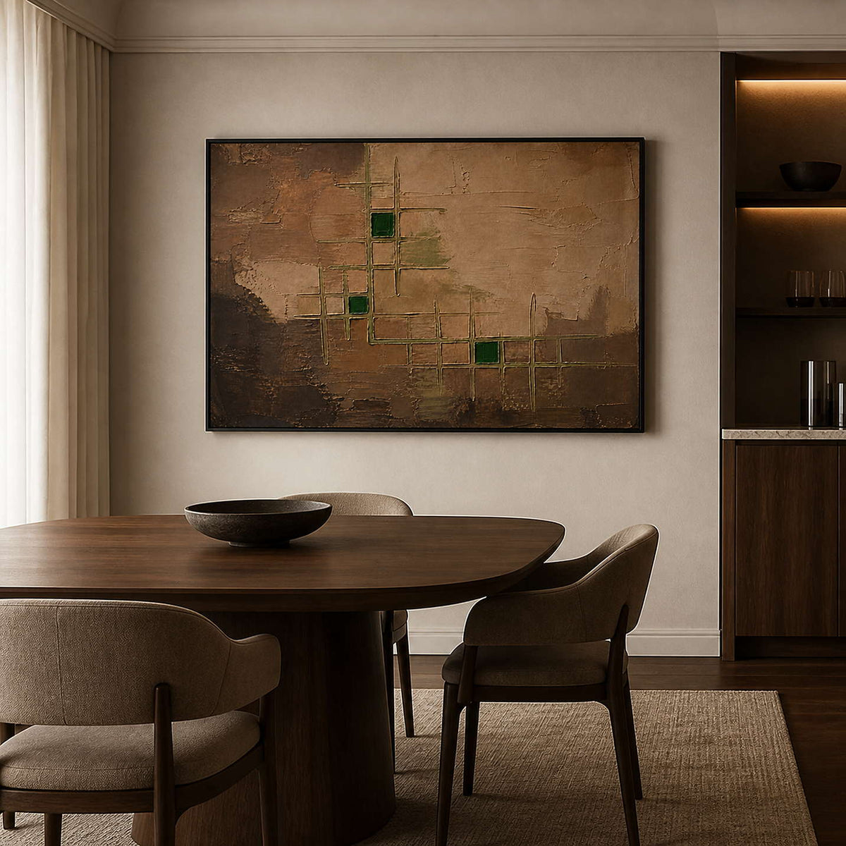 Modern brown abstract wall art in a black frame beside dining furniture.