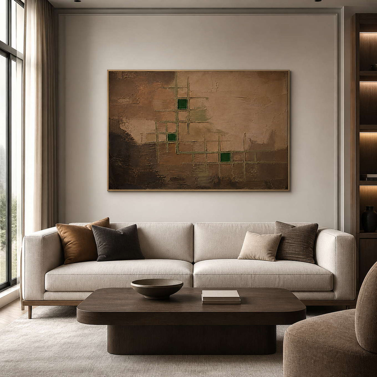 Brown and green abstract wall art above a warm modern living room sofa.