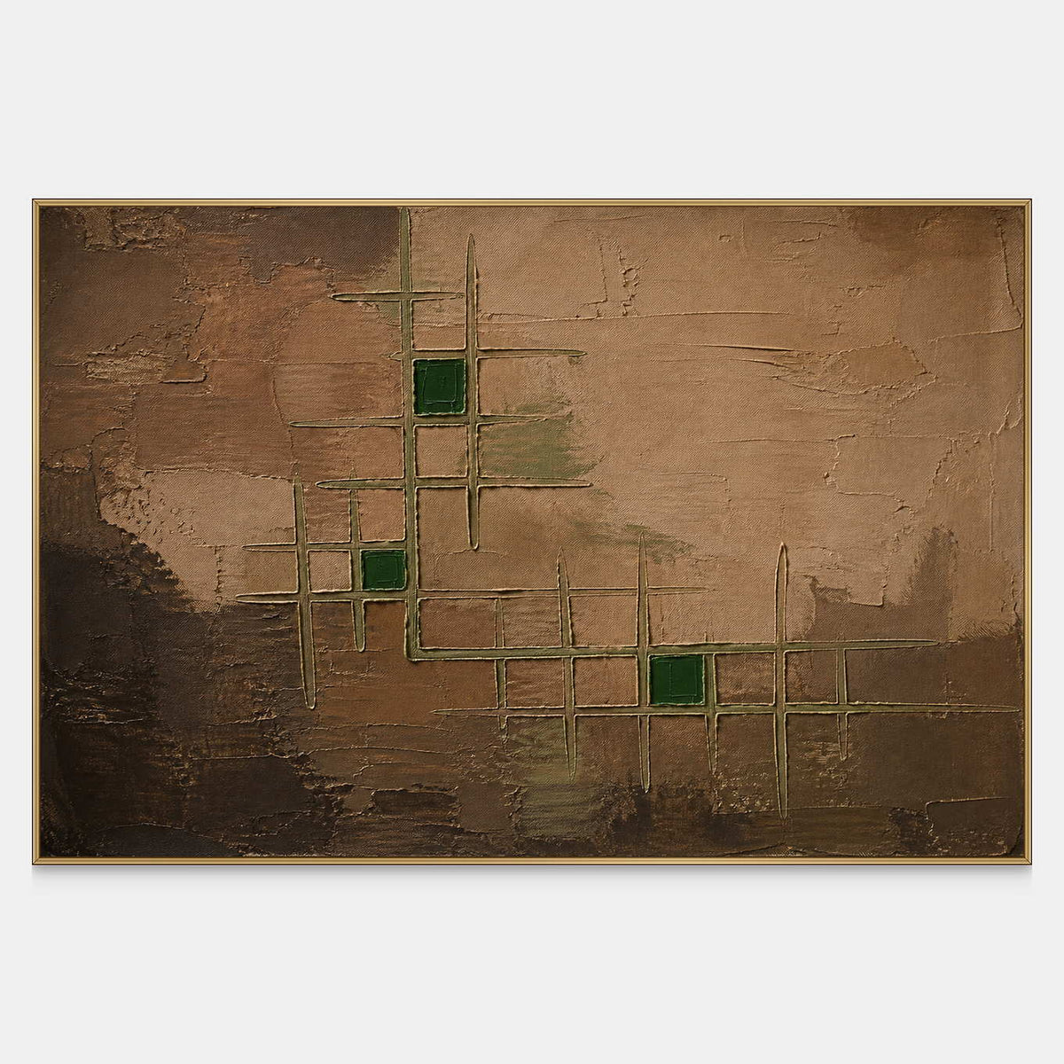 Textured earth tone painting with raised gold lines and green squares.