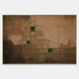 Textured earth tone painting with raised gold lines and green squares.