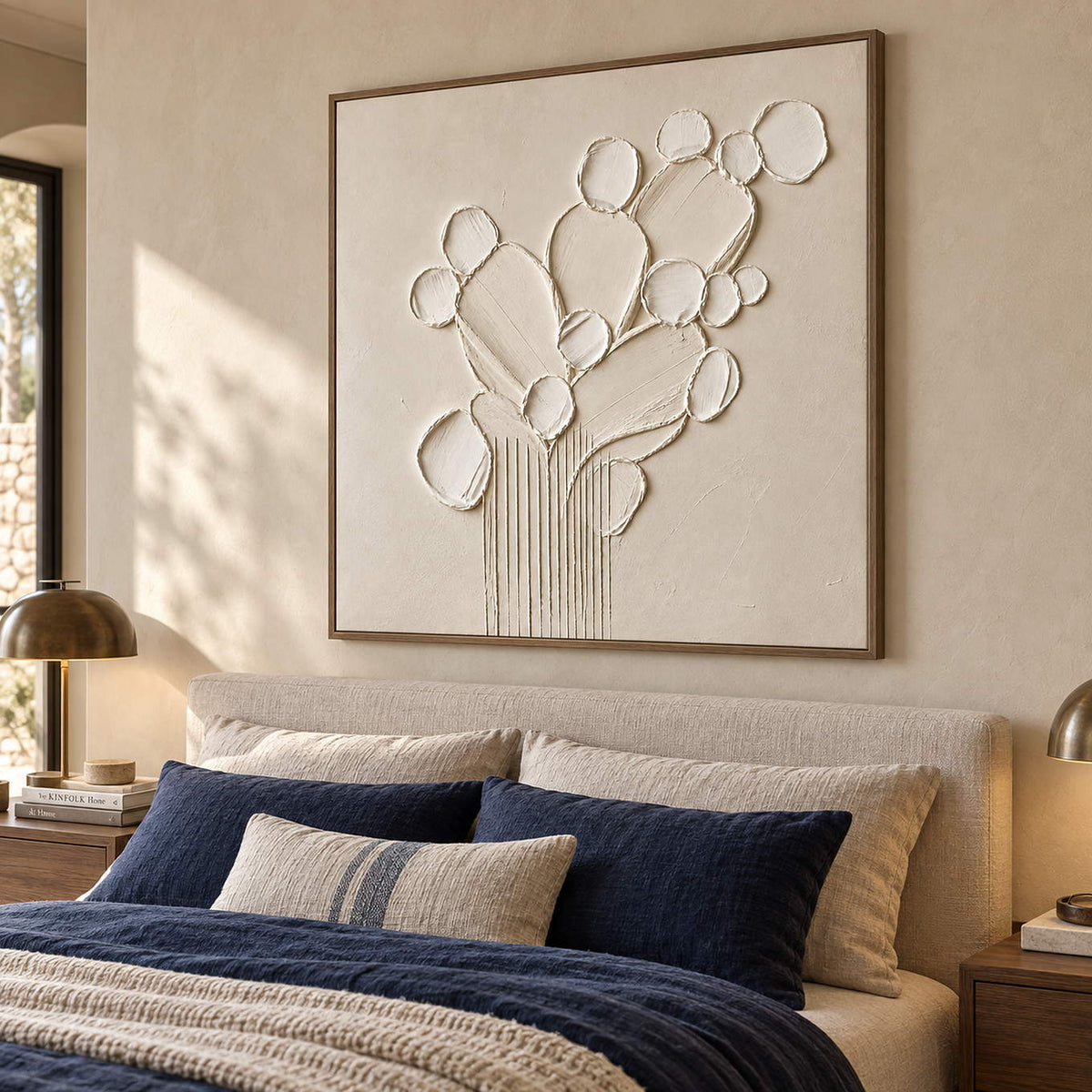 Sculptural warm white petals and leaves raised from a monochrome canvas, displayed in a bedroom in a brown wood frame.