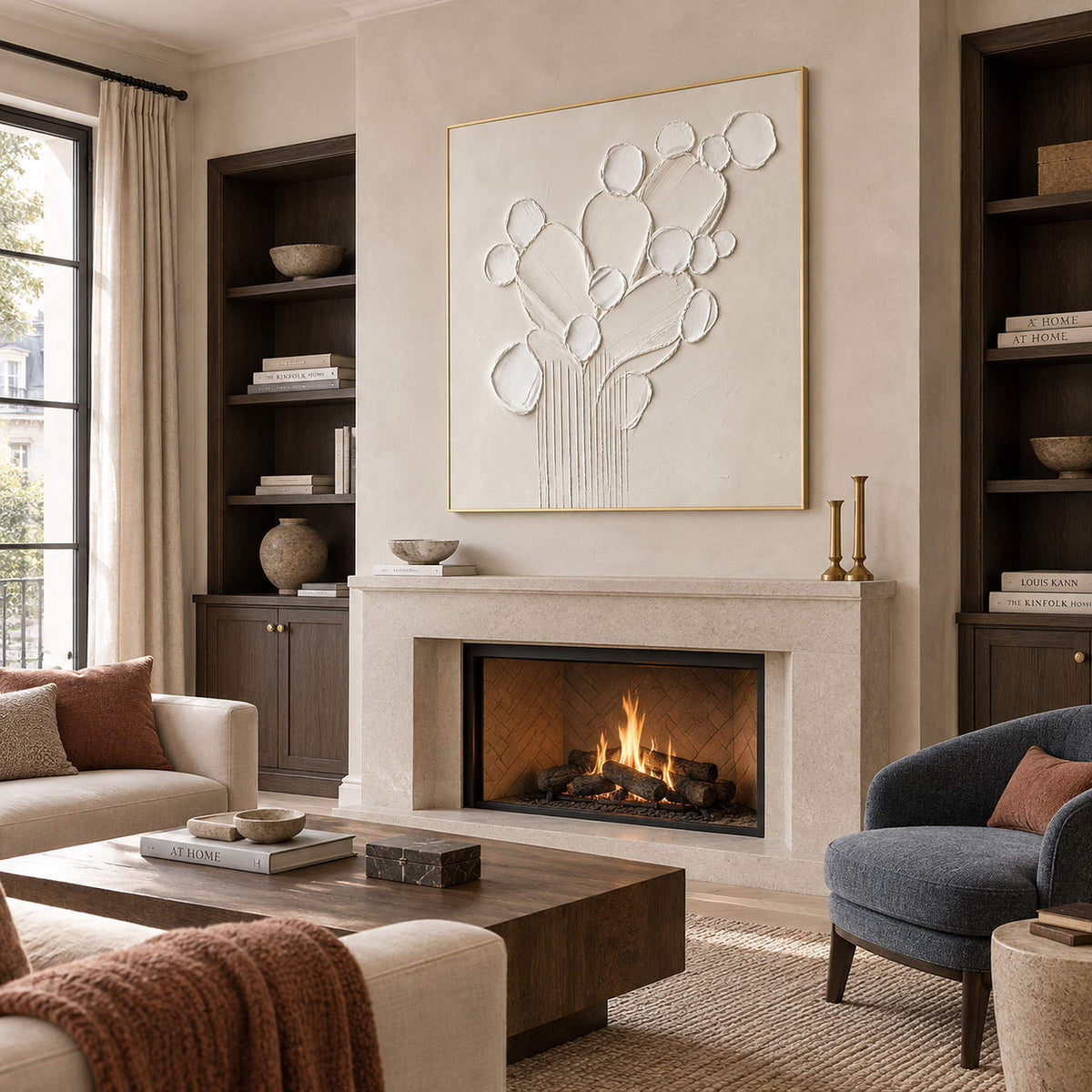 Sculptural warm white petals and leaves raised from a monochrome canvas, displayed beside or above a fireplace in a gold frame.