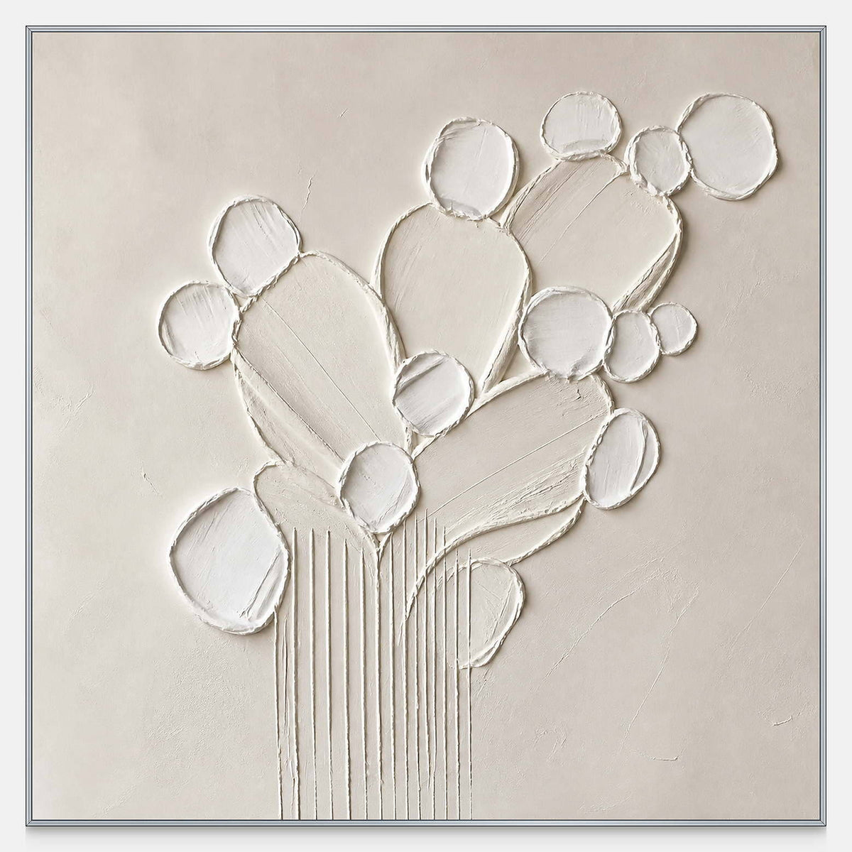 Sculptural warm white petals and leaves raised from a monochrome canvas.