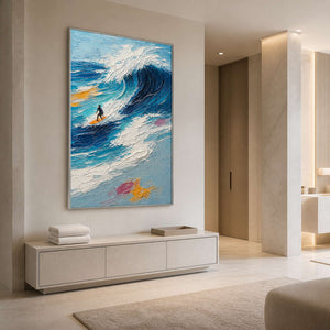 Textured blue wave wall art displayed in a serene luxury bathroom.