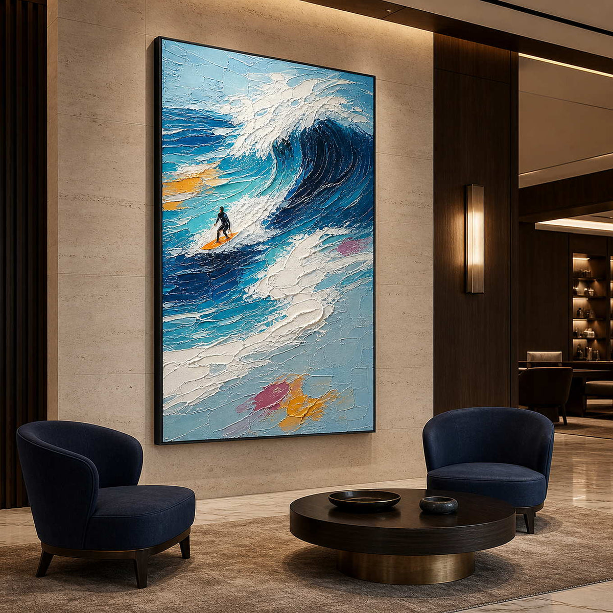 Dynamic blue surfing wall art displayed in an upscale club lounge.