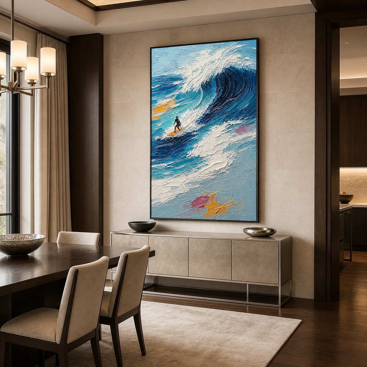 Vertical blue wave and surfer wall art displayed in a refined dining room.