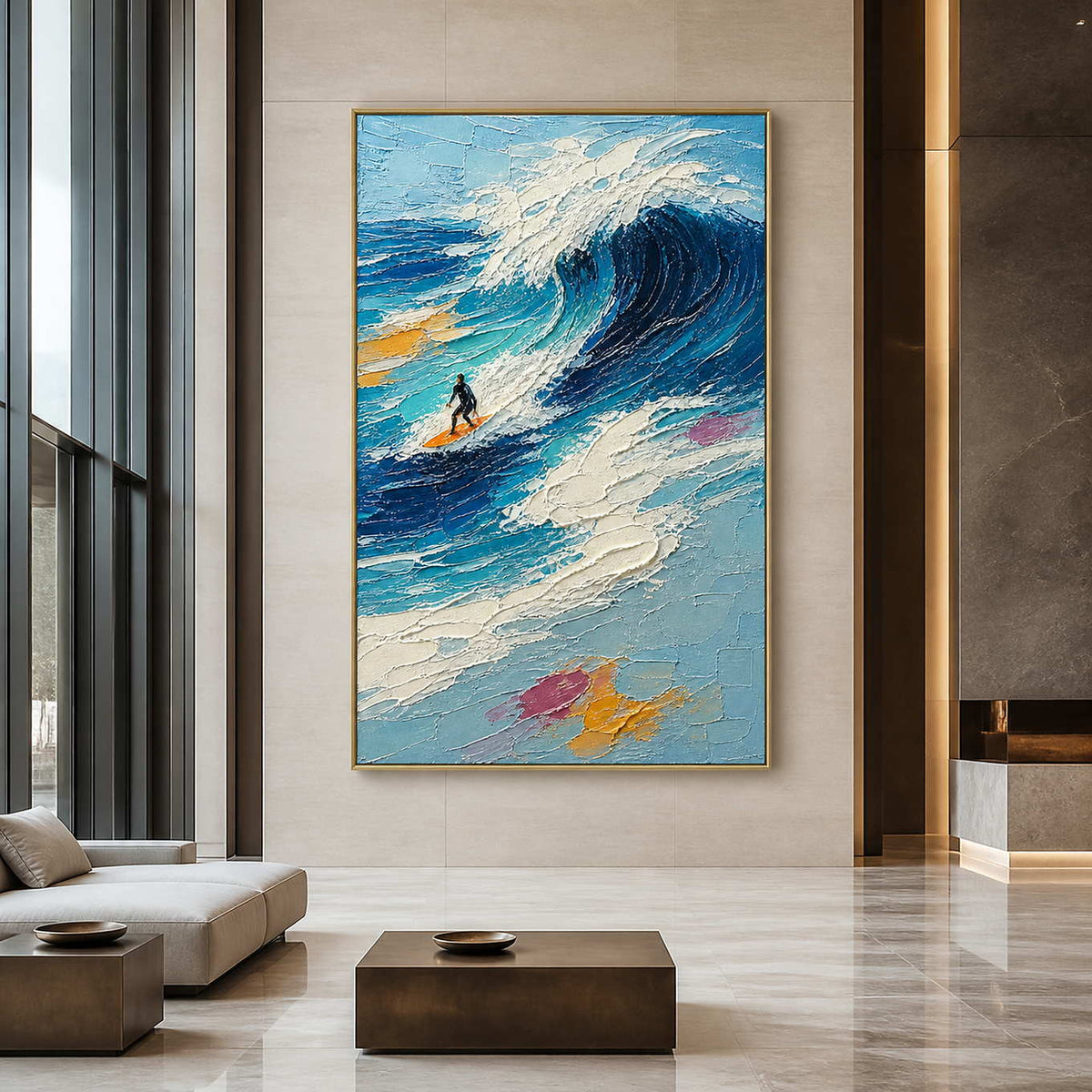 Vertical surfing and wave wall art displayed in an upscale hotel lobby.