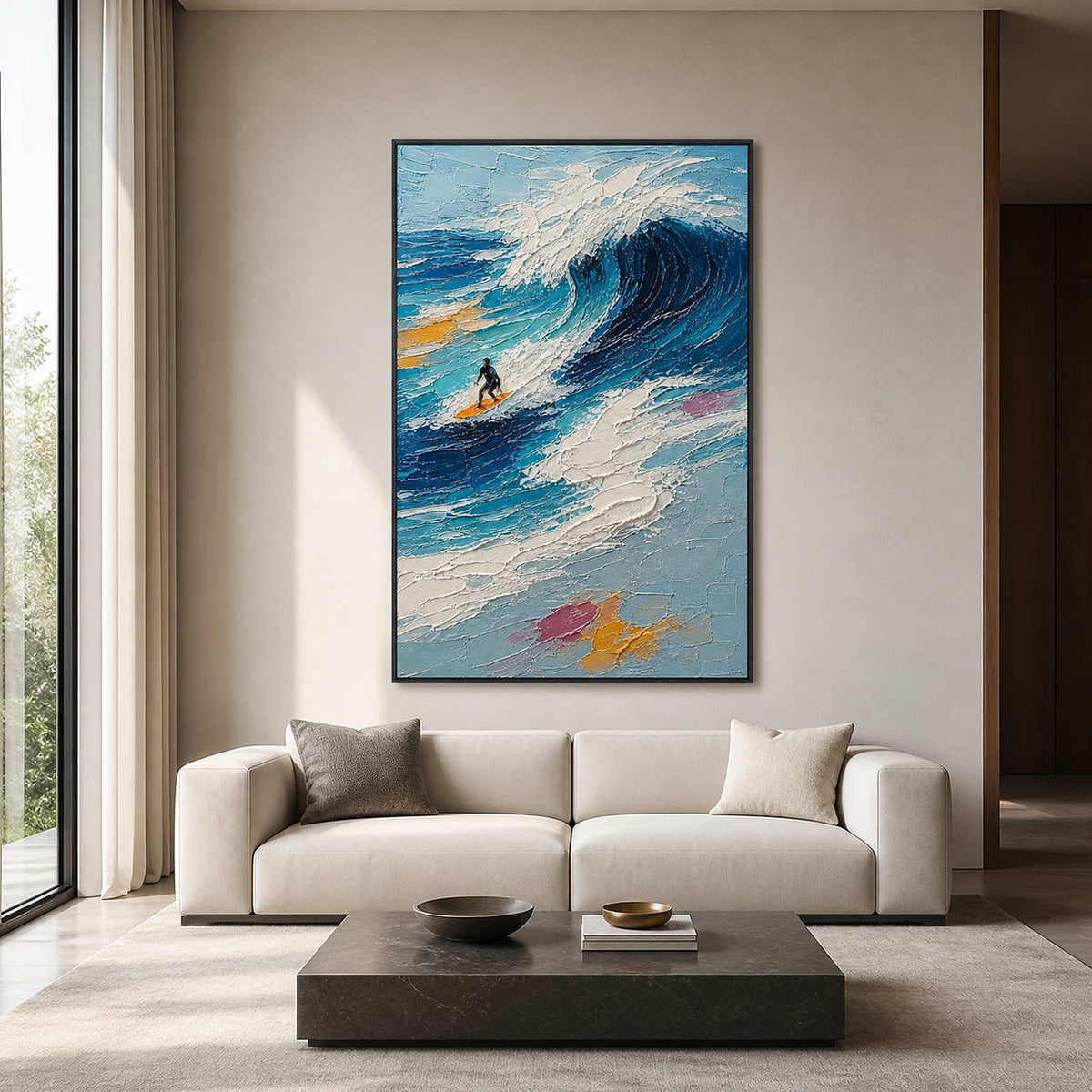 Blue textured surfing wall art displayed in a modern luxury living room.