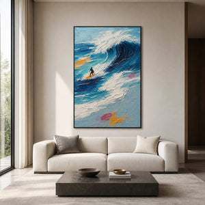 Blue textured surfing wall art displayed in a modern luxury living room.