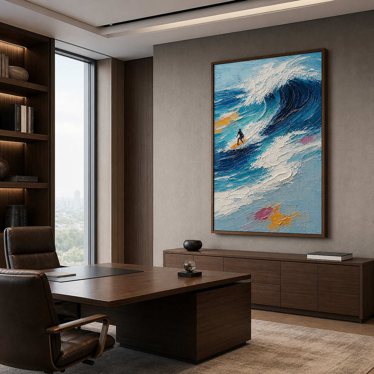 Navy and turquoise surfing wall art displayed in a modern private office.
