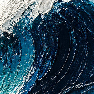 Close-up of layered navy, cobalt, turquoise, and white palette-knife wave texture.
