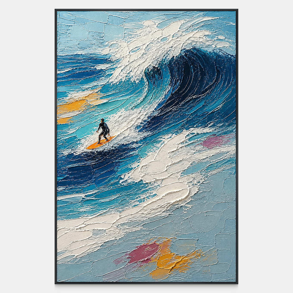 Hand-painted vertical surfing wall art with a lone rider beneath a navy and turquoise wave.