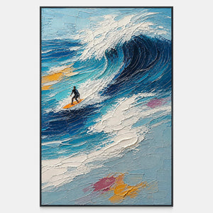 Hand-painted vertical surfing wall art with a lone rider beneath a navy and turquoise wave.