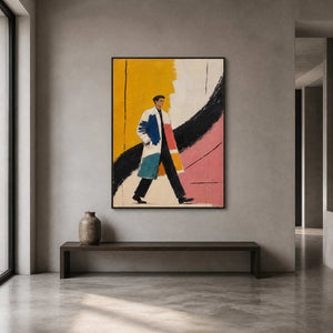 Textured male portrait wall art displayed in a cement gray entryway.