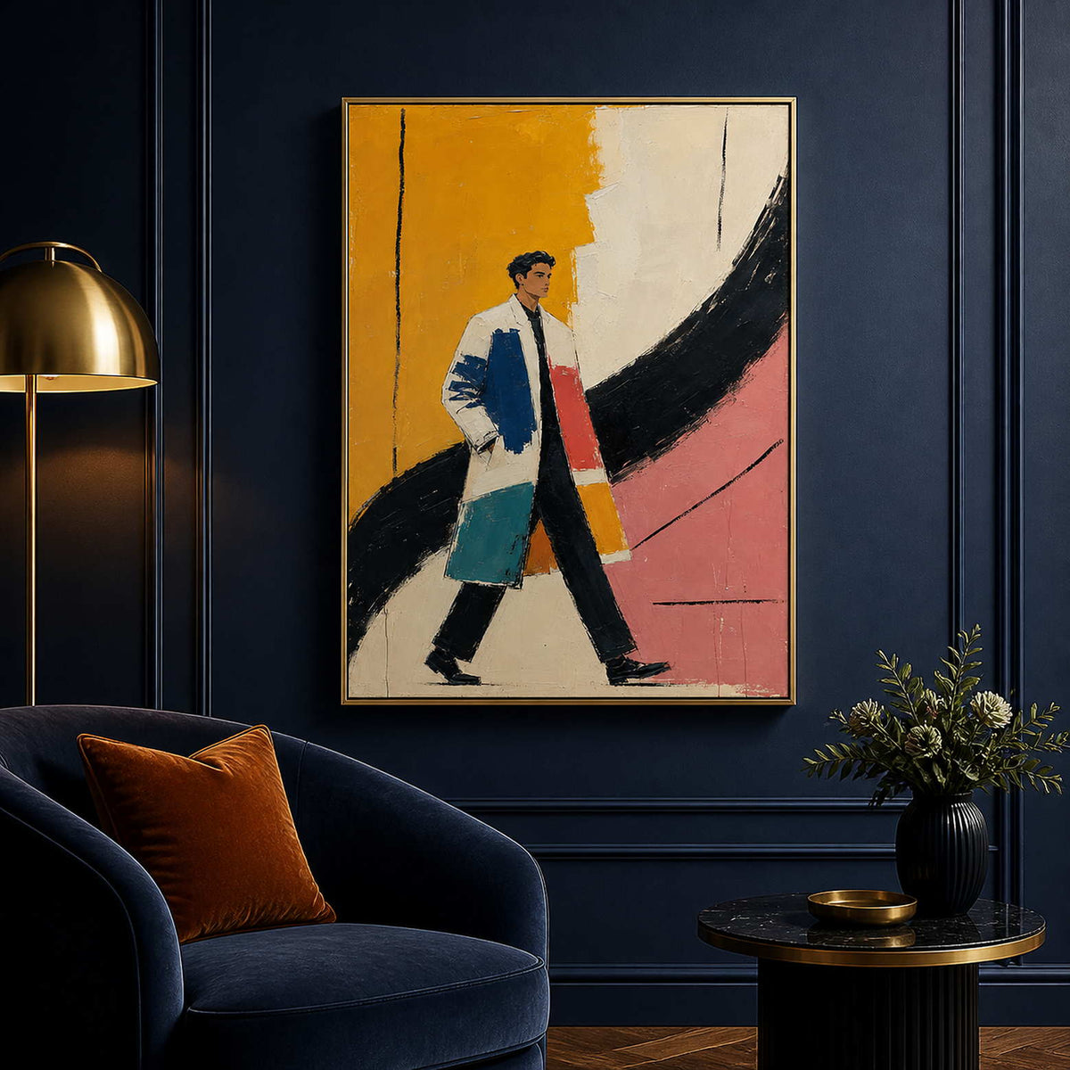 Colorful walking figure wall art displayed in a deep blue boutique lounge.