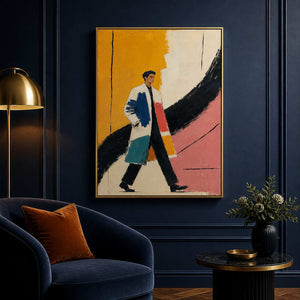 Colorful walking figure wall art displayed in a deep blue boutique lounge.