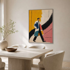 Vertical modern portrait displayed in a light beige dining room.