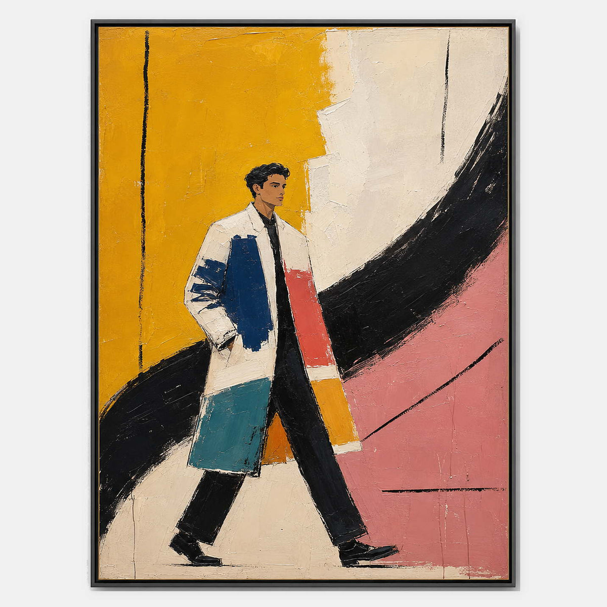 Hand-painted walking man in a colorful coat against bold abstract fields.