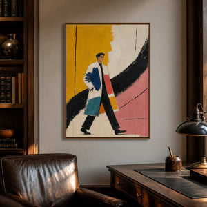 Fashion-forward figurative wall art displayed in a walnut collector study.