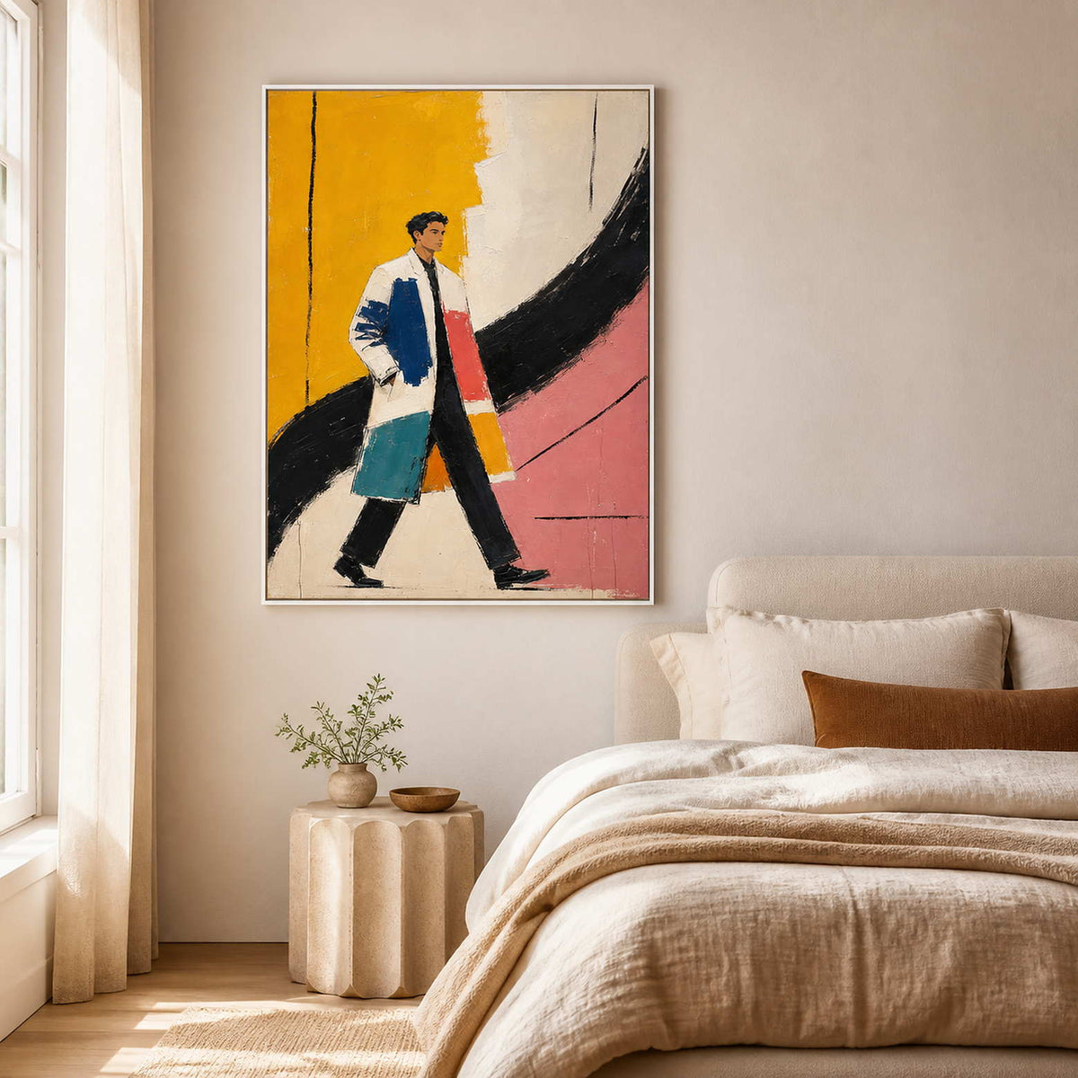 Modern colorful portrait displayed in a warm white creative bedroom.