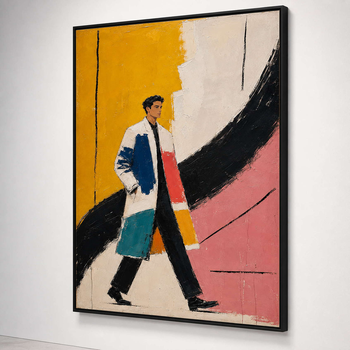 Textured male portrait shown from the side on a white gallery wall.