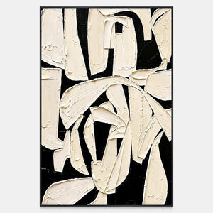 Vertical abstract painting with broad ivory strokes overlapping across black openings and raised edges.
