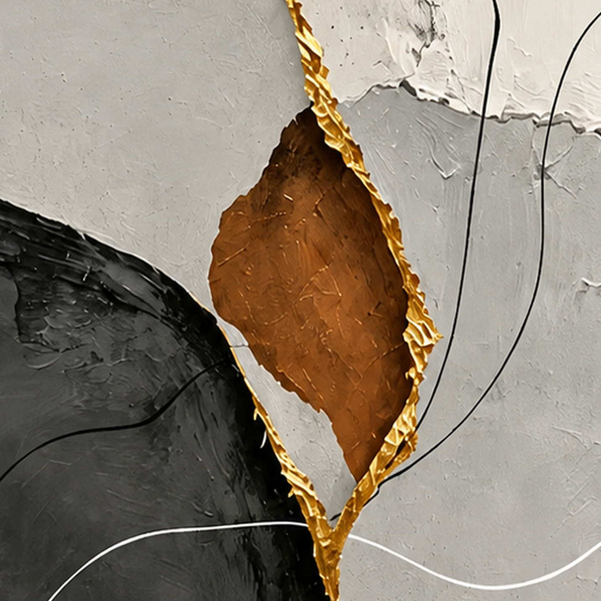 Close-up of raised gold-toned edging, earthy texture, and fine lines across gray abstract forms.