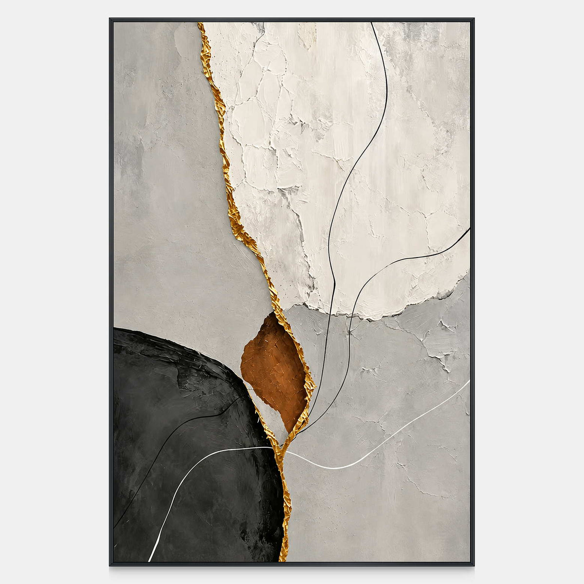 White and gray abstract painting with charcoal curves, gold-toned seam, and a small earthy opening.
