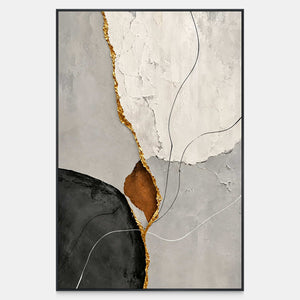White and gray abstract painting with charcoal curves, gold-toned seam, and a small earthy opening.