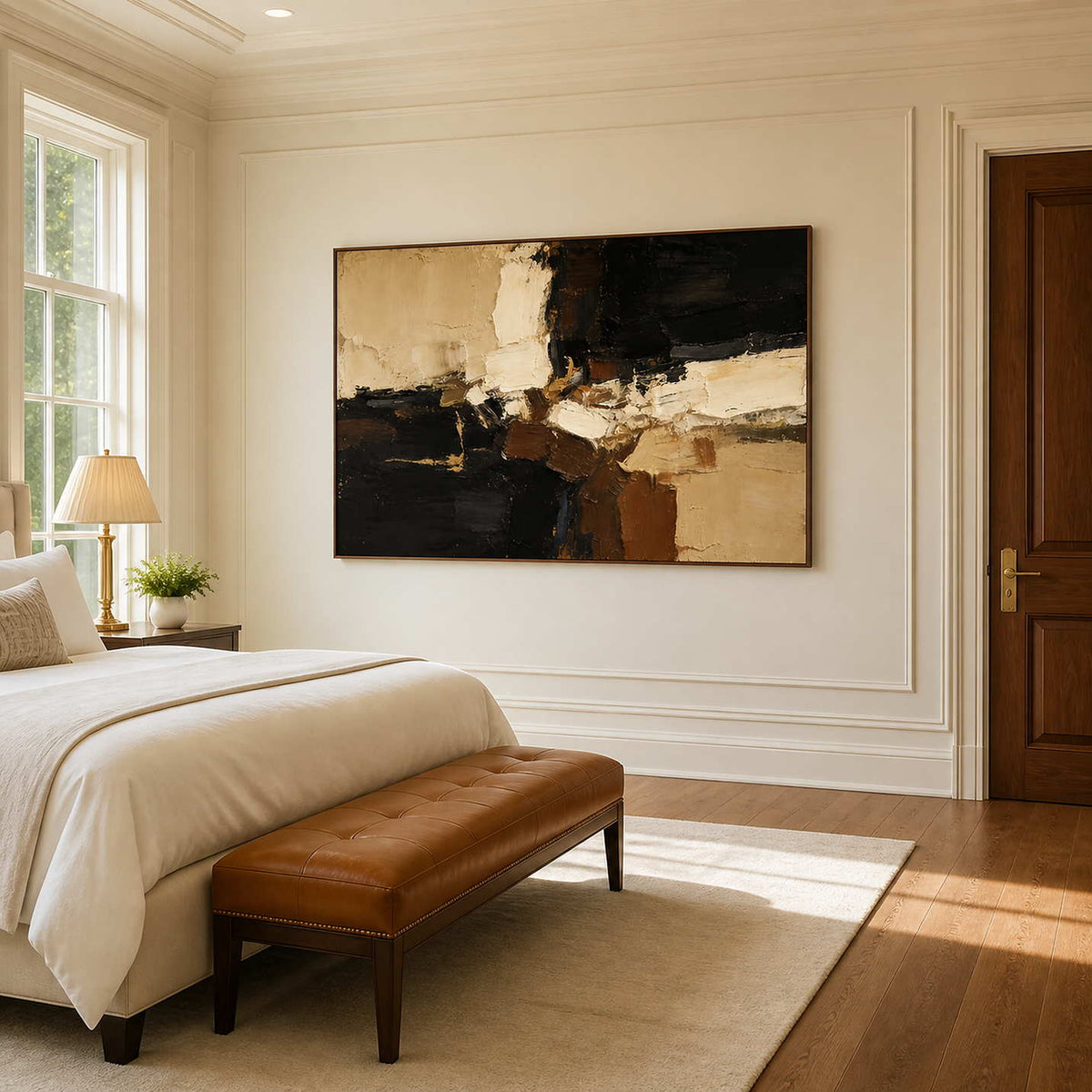 Wood framed textured abstract artwork beside a cream bed and leather bedroom bench.