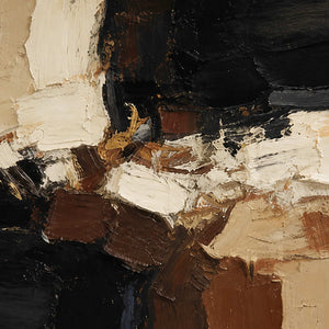 Close view of raised cream and brown palette-knife strokes against deep black paint.