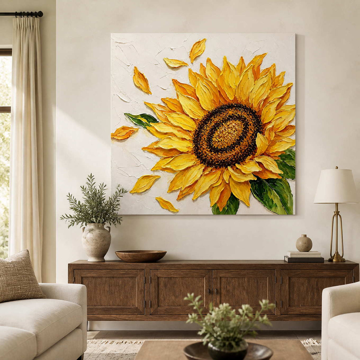 Bright yellow sunflower painting above a wooden cabinet between cream seats in a softly lit living room.