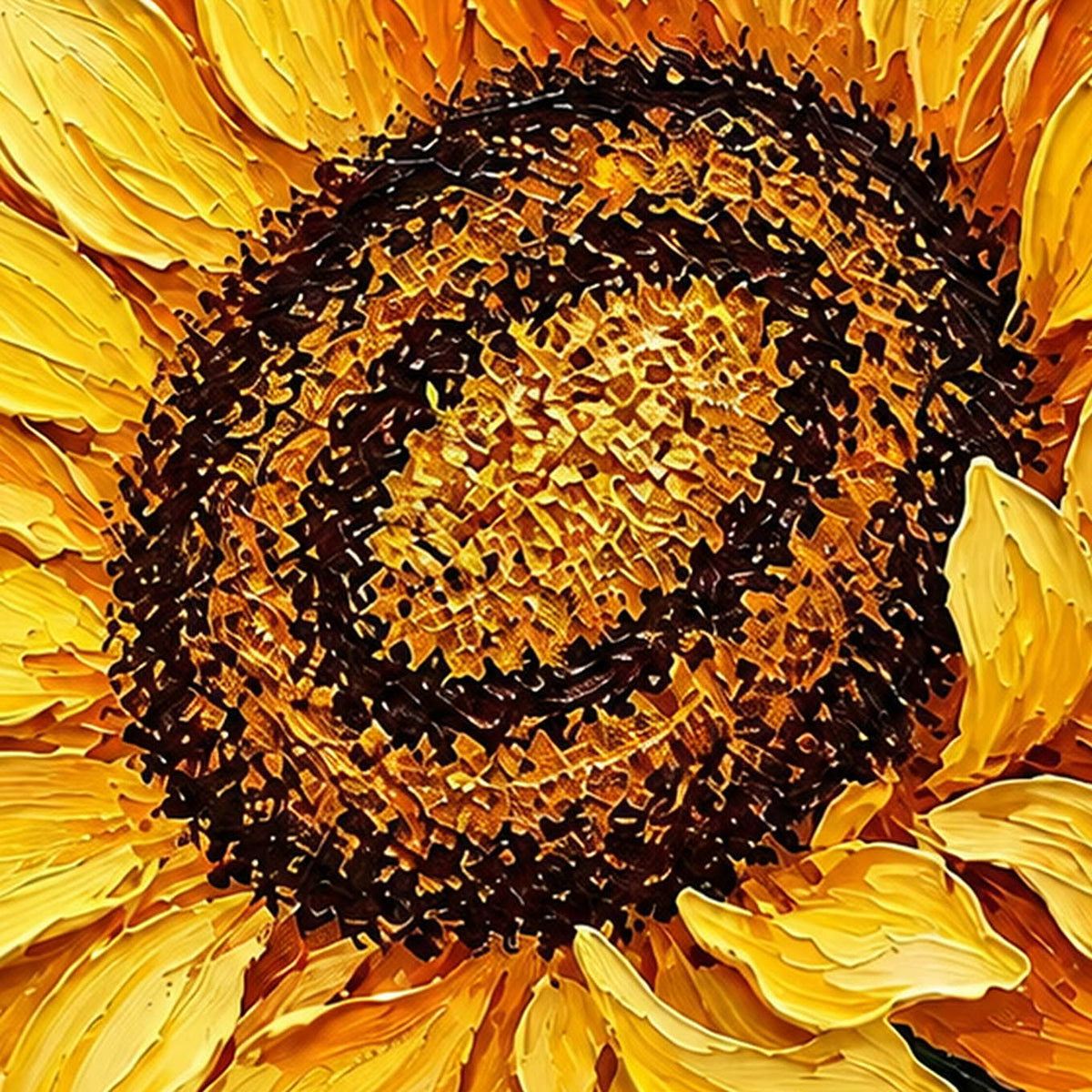 Close-up of raised yellow petals and dense dark and golden palette-knife marks in the sunflower center.