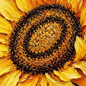 Close-up of raised yellow petals and dense dark and golden palette-knife marks in the sunflower center.