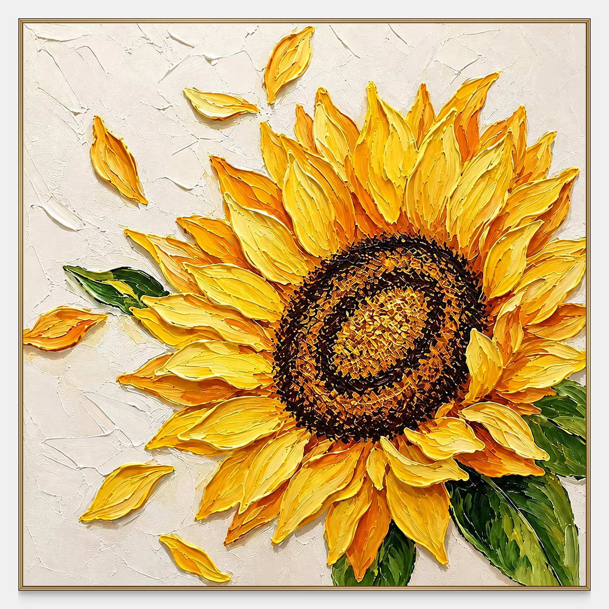 Square sunflower painting with thick golden-yellow petals, a dark textured center, green leaves, and a cream background.