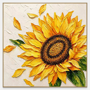 Square sunflower painting with thick golden-yellow petals, a dark textured center, green leaves, and a cream background.