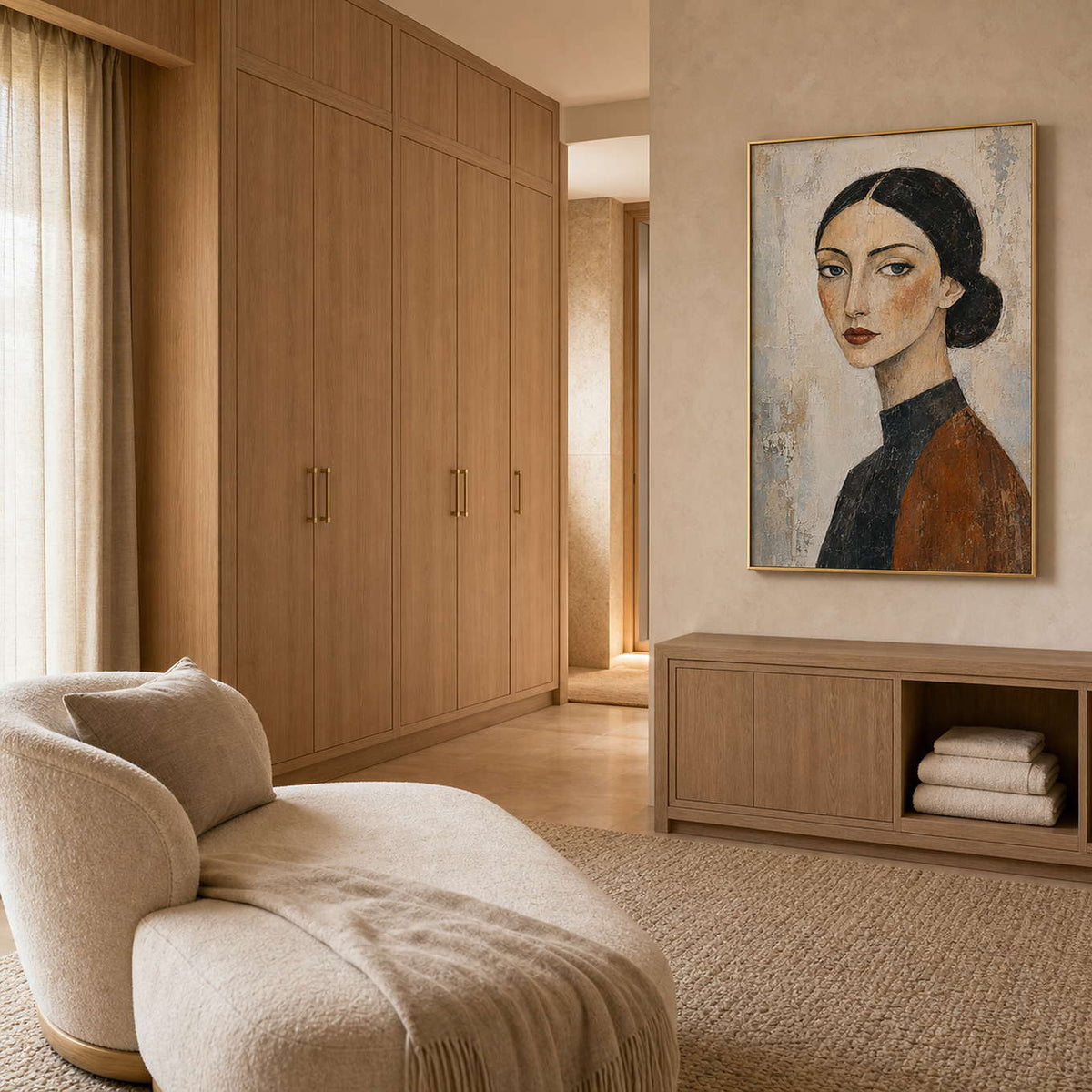 Modern Portrait Wall Art displayed in a refined bathroom.